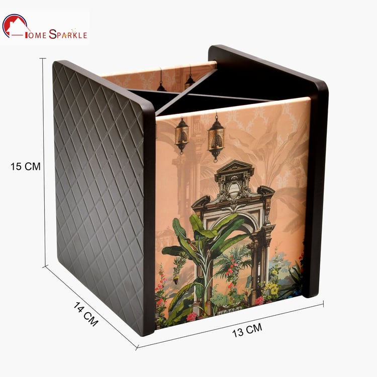 HOME SPARKLE Wooden Printed Cutlery & Tissue Holder