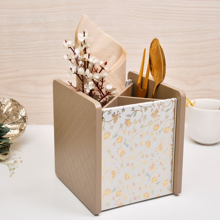 HOME SPARKLE Wooden Printed Cutlery & Tissue Holder
