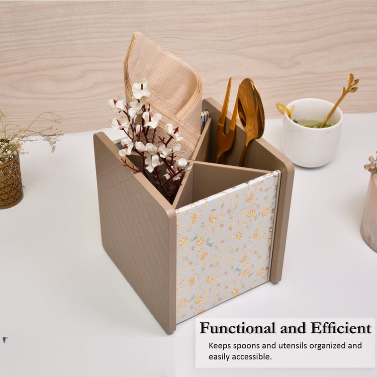 HOME SPARKLE Wooden Printed Cutlery & Tissue Holder