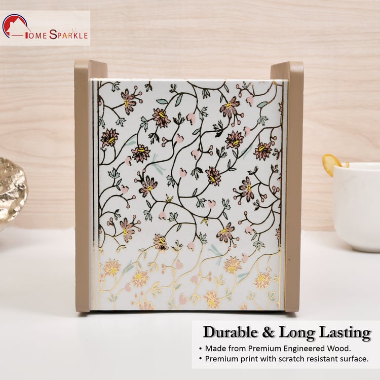HOME SPARKLE Wooden Printed Cutlery & Tissue Holder