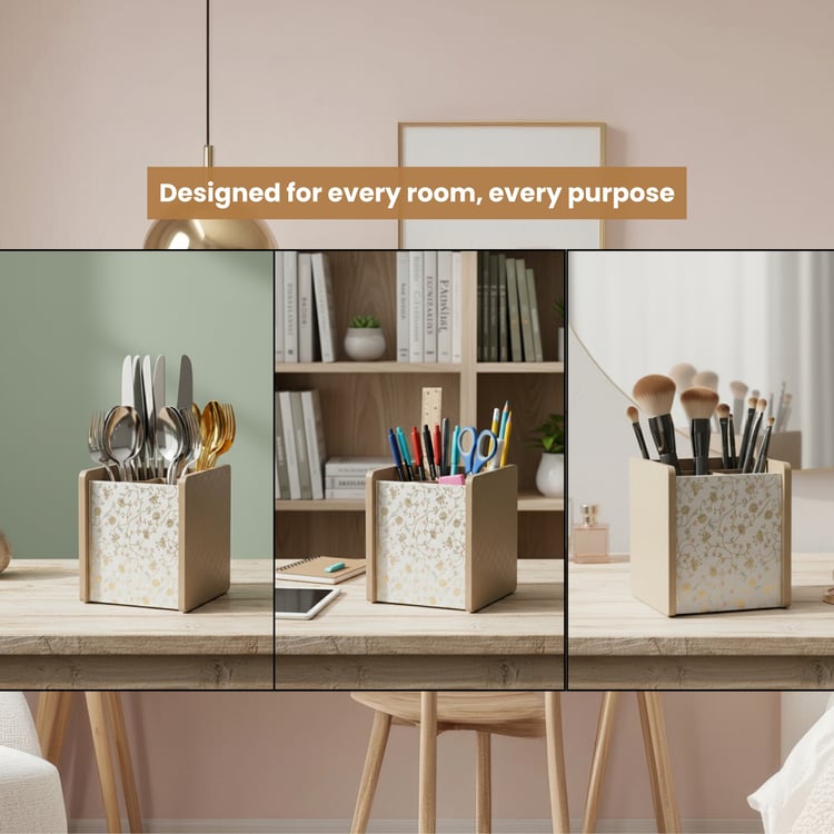 HOME SPARKLE Wooden Printed Cutlery & Tissue Holder