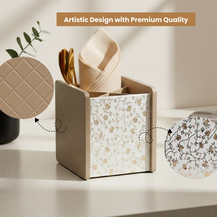 HOME SPARKLE Wooden Printed Cutlery & Tissue Holder