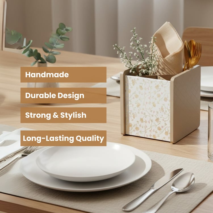 HOME SPARKLE Wooden Printed Cutlery & Tissue Holder