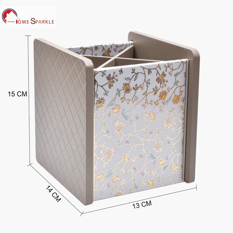 HOME SPARKLE Wooden Printed Cutlery & Tissue Holder