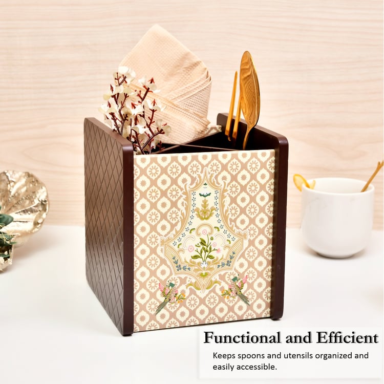 HOME SPARKLE Wooden Printed Cutlery & Tissue Holder