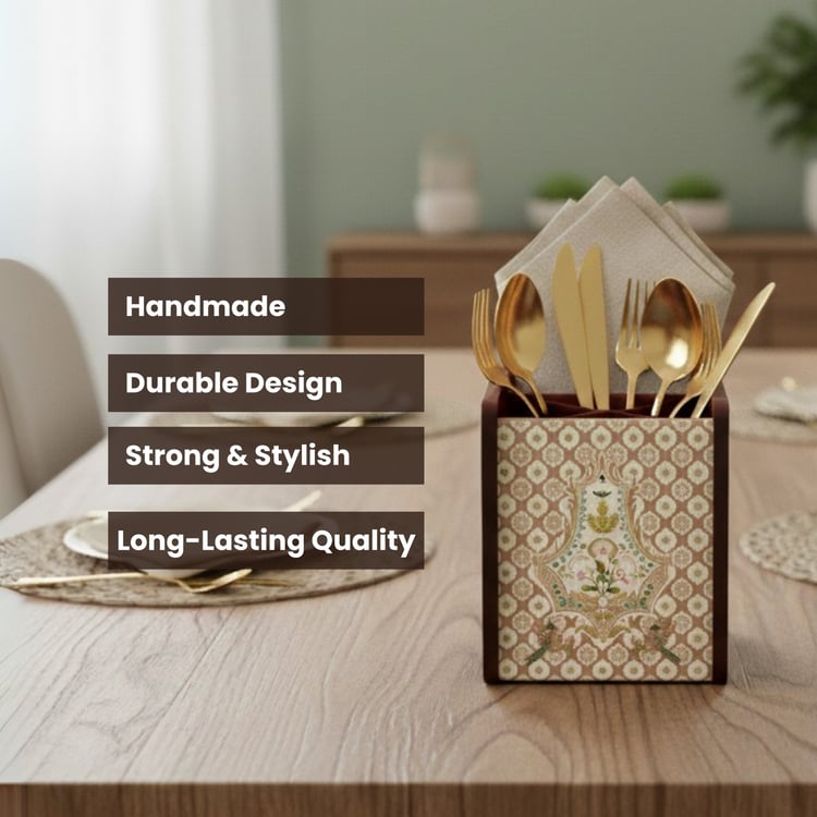 HOME SPARKLE Wooden Printed Cutlery & Tissue Holder