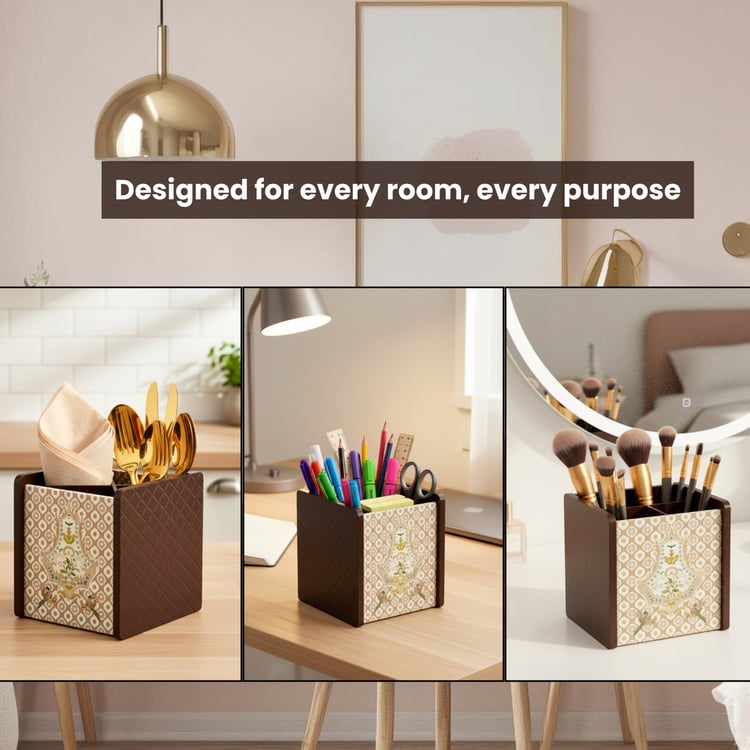 HOME SPARKLE Wooden Printed Cutlery & Tissue Holder