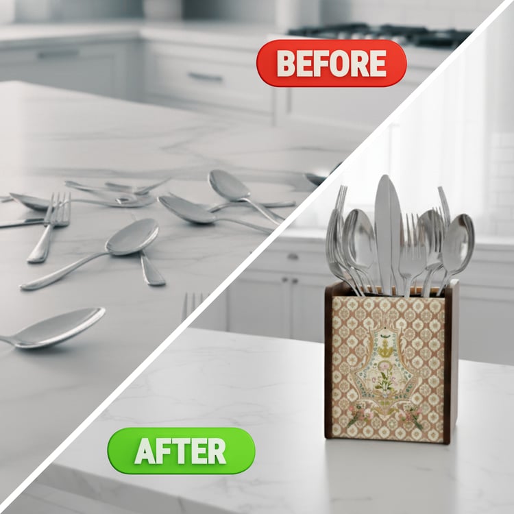 HOME SPARKLE Wooden Printed Cutlery & Tissue Holder
