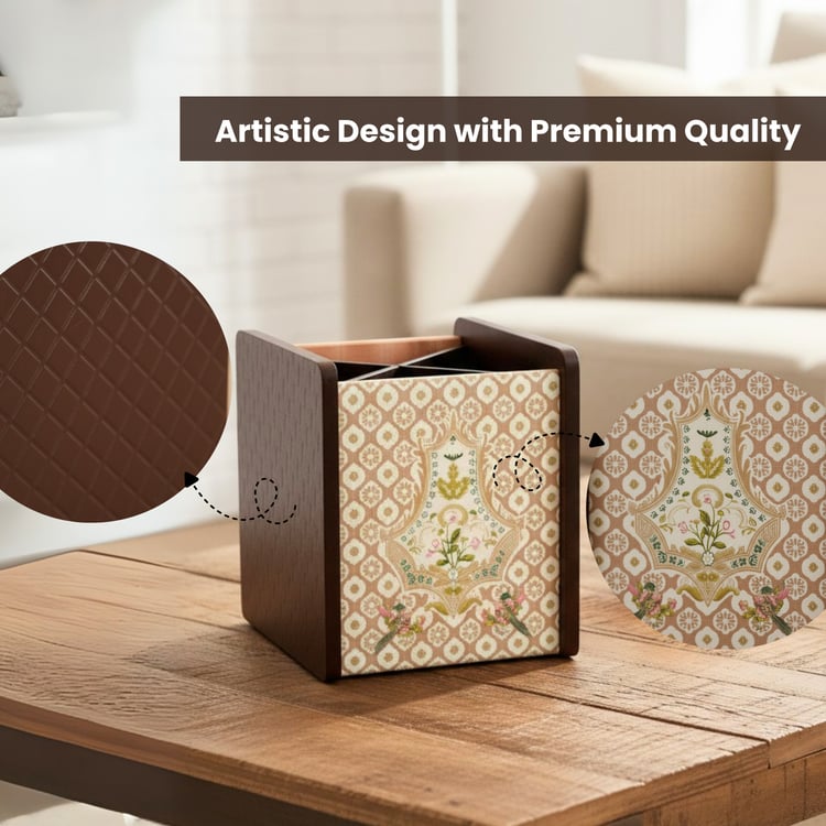 HOME SPARKLE Wooden Printed Cutlery & Tissue Holder