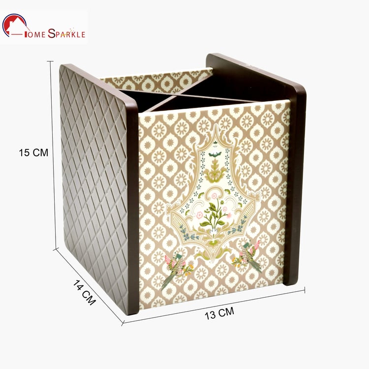 HOME SPARKLE Wooden Printed Cutlery & Tissue Holder
