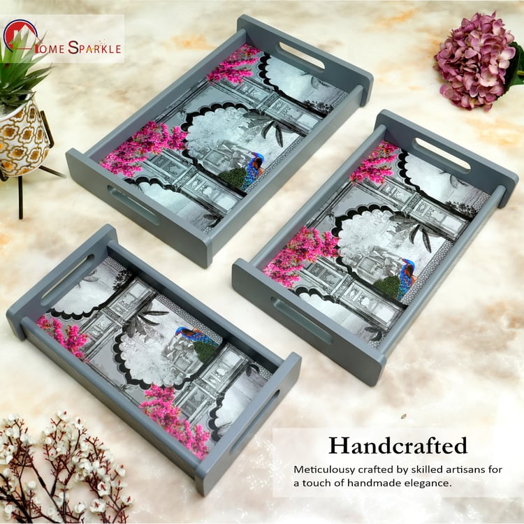 HOME SPARKLE Set of 3 Wooden Serving Trays