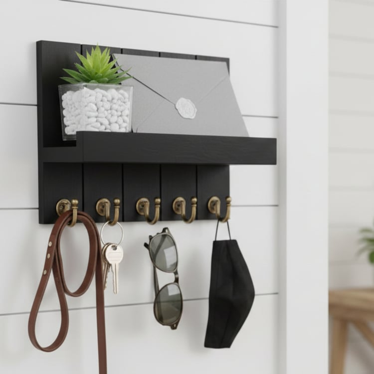 HOME SPARKLE Wall Shelf with Key Holder - Black