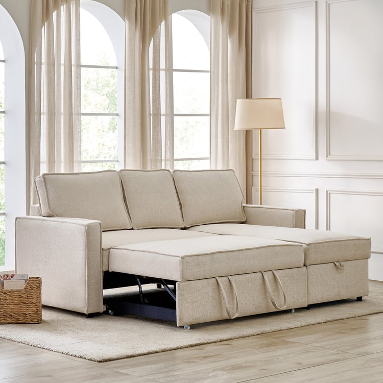 Benson Fabric 3-Seater Sofa Bed with Storage - Beige