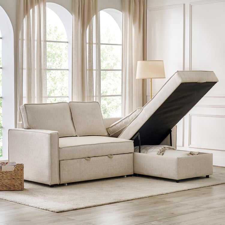 Benson Fabric 3-Seater Sofa Bed with Storage - Beige