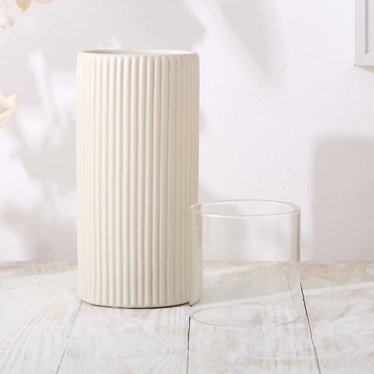 Nesta Eden Ceramic and Glass Ribbed Pillar Candle Holder - Large