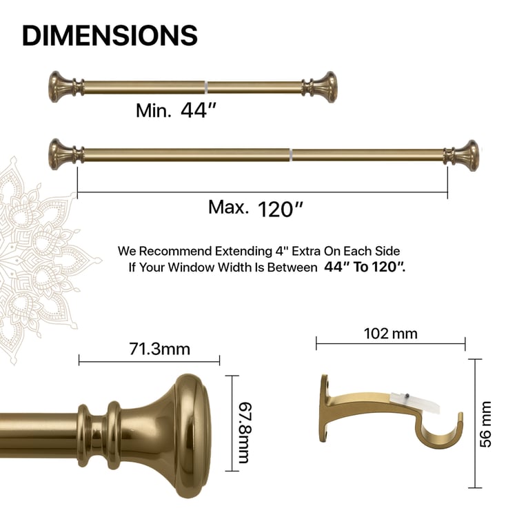 DECO WINDOW Extendable Single Curtain Rod - 67.8mm, Gold (44-120in)