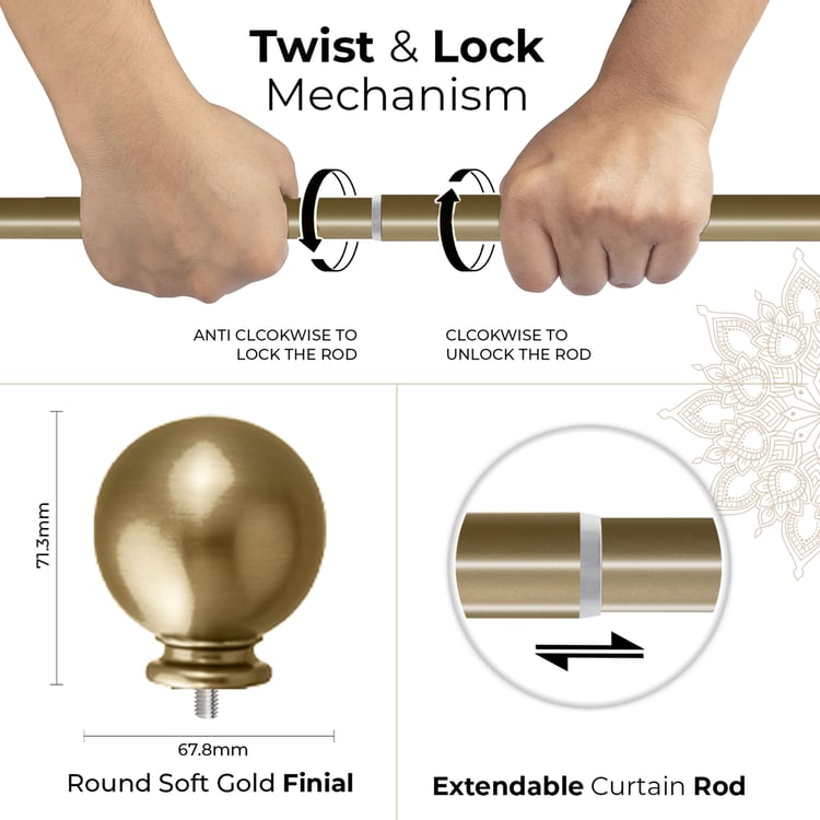 DECO WINDOW Extendable Single Curtain Rod - 67.8mm, Gold (44-120in)