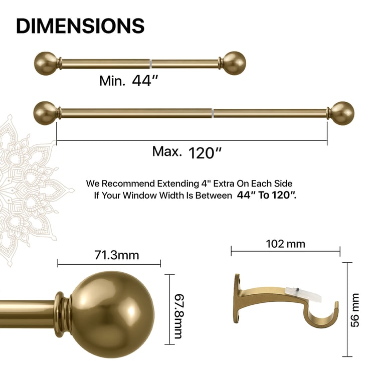 DECO WINDOW Extendable Single Curtain Rod - 67.8mm, Gold (44-120in)