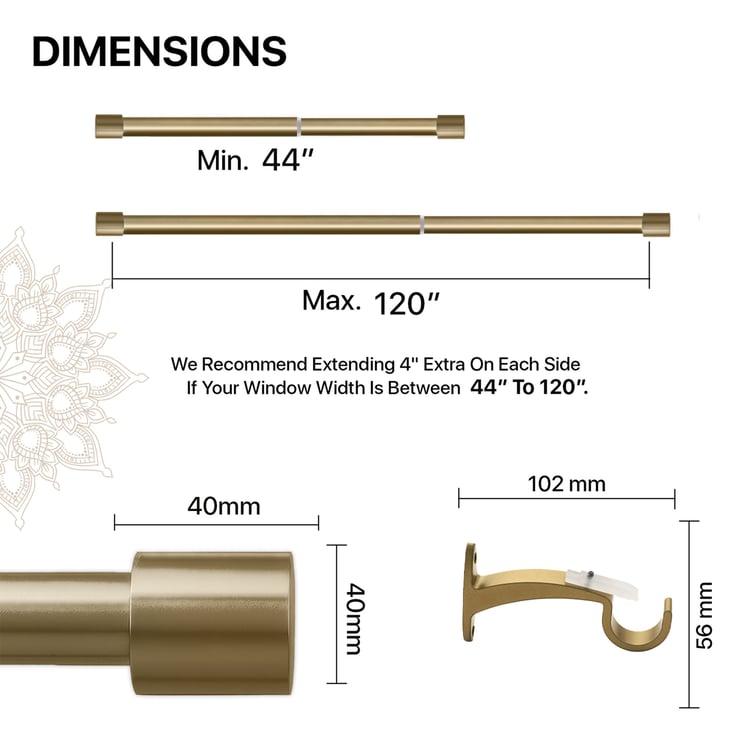 DECO WINDOW Extendable Single Curtain Rod - 40mm, Gold (44-120in)