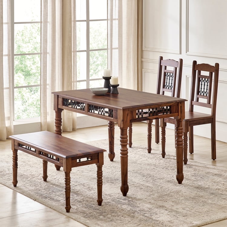 Kian NXT Sheesham Wood 4-Seater Dining Set with Chairs and Bench - Brown