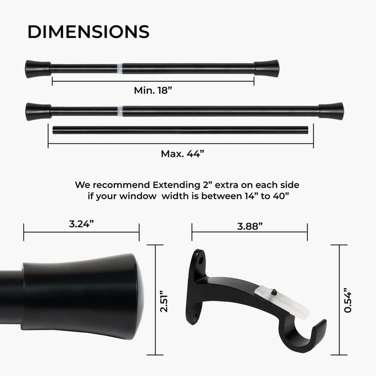 DECO WINDOW Extendable Single Curtain Rod - 19mm, Black (18-44in)