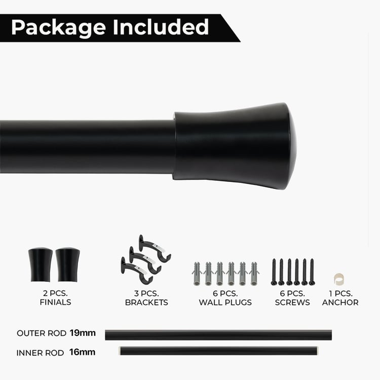 DECO WINDOW Extendable Single Curtain Rod - 19mm, Black (18-44in)