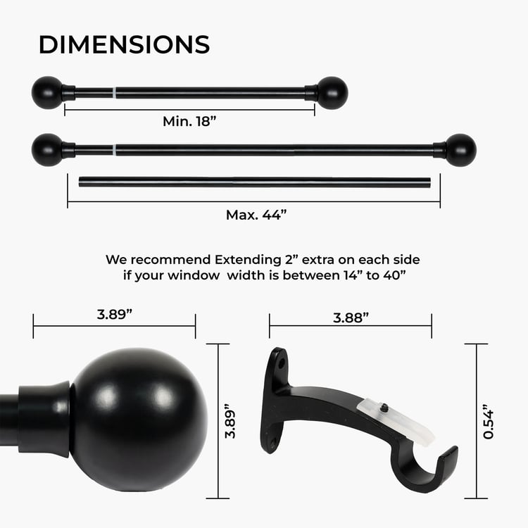 DECO WINDOW Extendable Single Curtain Rod - 25mm, Black (18-44in)