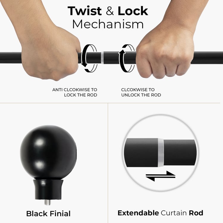 DECO WINDOW Extendable Single Curtain Rod - 25mm, Black (18-44in)