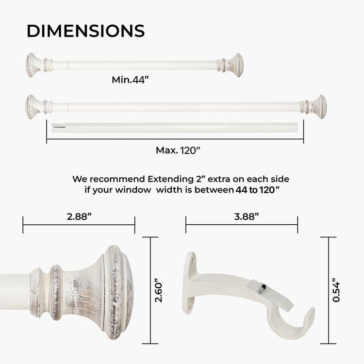DECO WINDOW Extendable Single Curtain Rod - 25mm, Ivory (44-120in)