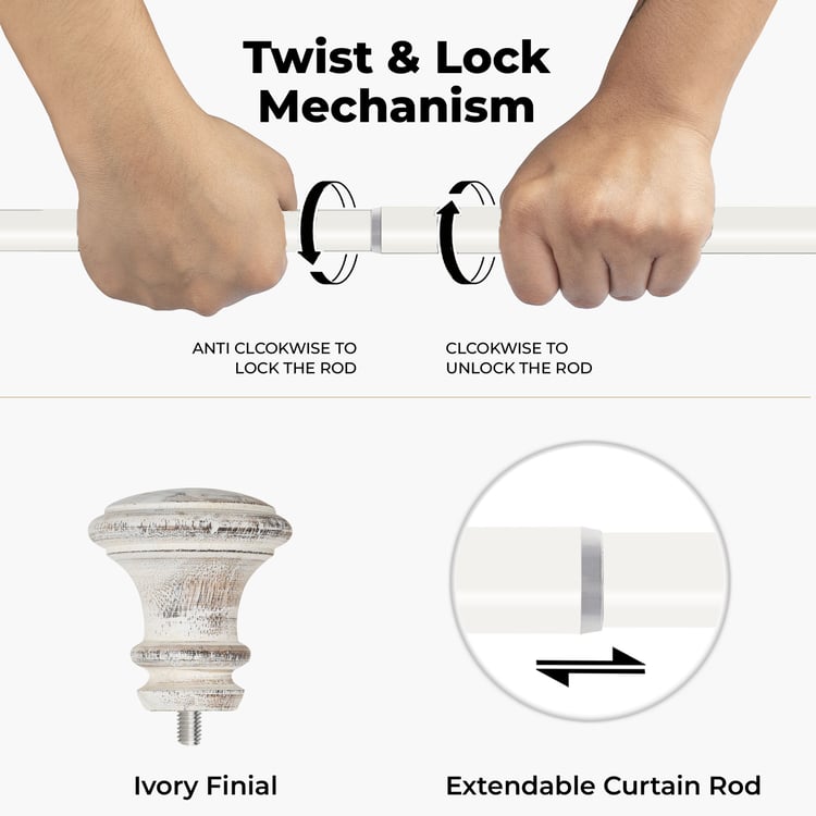 DECO WINDOW Extendable Single Curtain Rod - 25mm, Ivory (18-44in)
