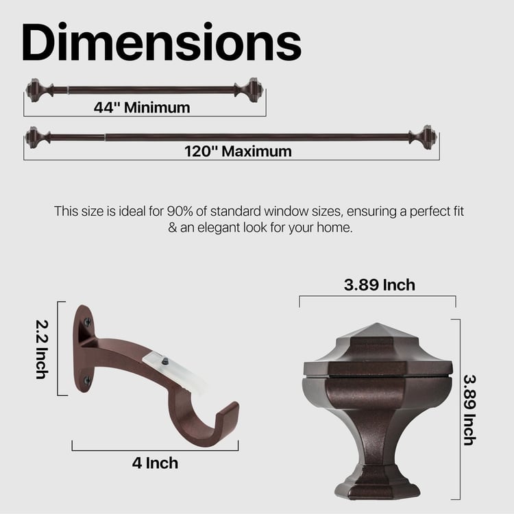 DECO WINDOW Extendable Single Curtain Rod - 19mm, Brown (44-120in)