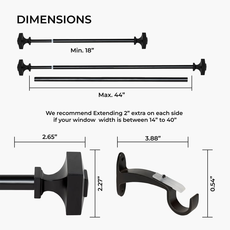 DECO WINDOW Extendable Single Curtain Rod - 19mm, Black (18-44in)