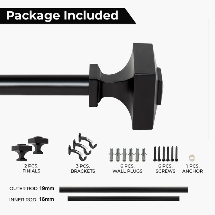 DECO WINDOW Extendable Single Curtain Rod - 19mm, Black (18-44in)