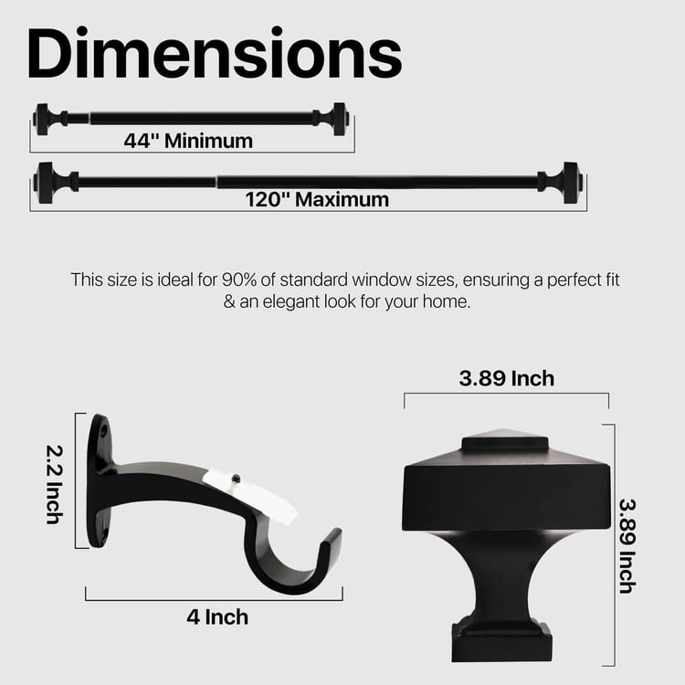 DECO WINDOW Extendable Single Curtain Rod - 19mm, Black (44-120in)
