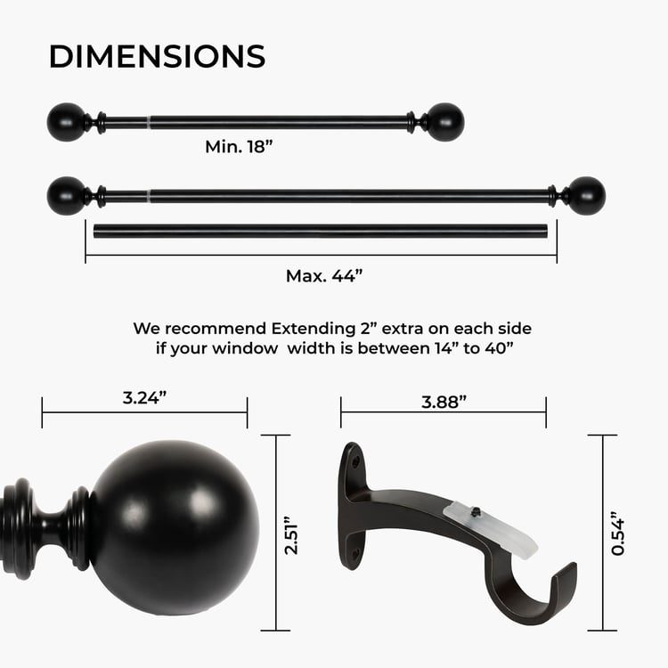DECO WINDOW Extendable Single Curtain Rod - 25mm, Black (18-44in)