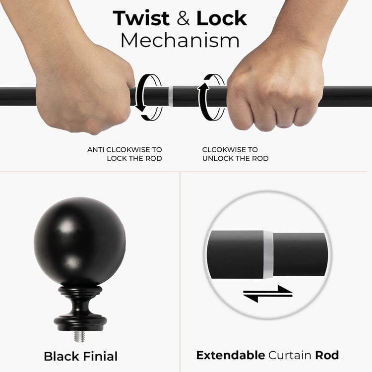 DECO WINDOW Extendable Single Curtain Rod - 25mm, Black (18-44in)