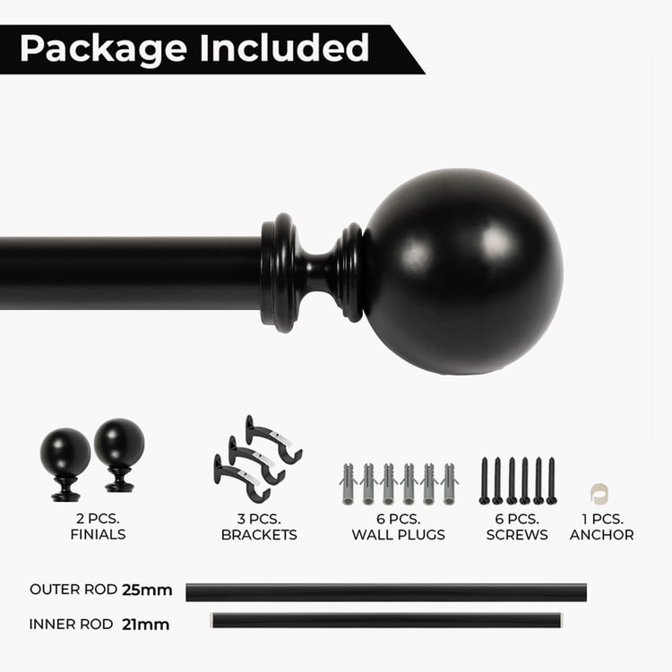 DECO WINDOW Extendable Single Curtain Rod - 25mm, Black (18-44in)