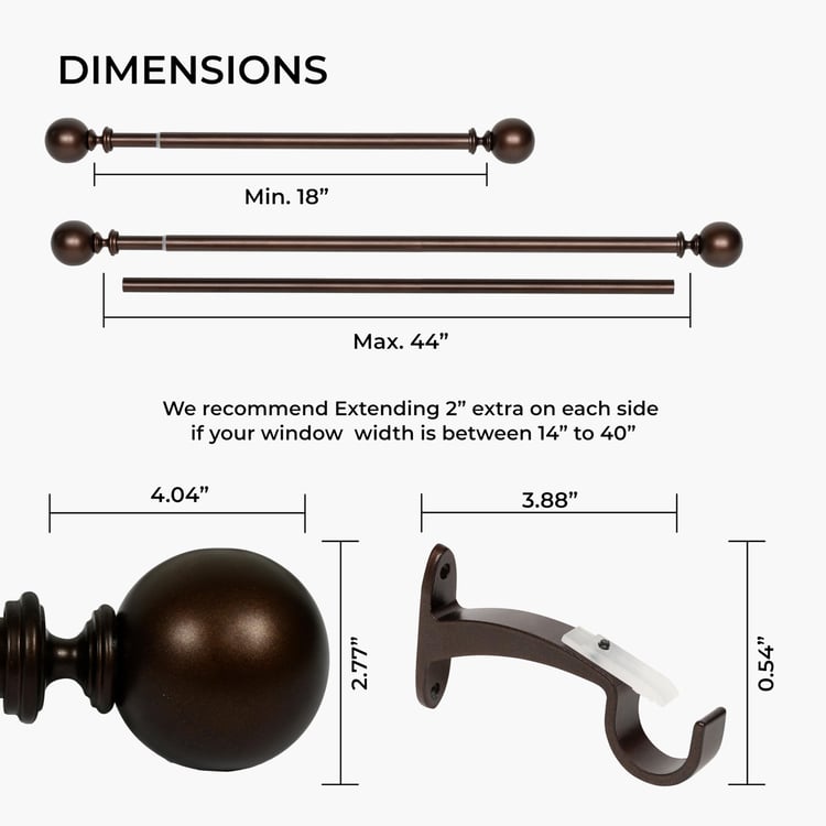 DECO WINDOW Extendable Single Curtain Rod - 25mm, Brown (18-44in)