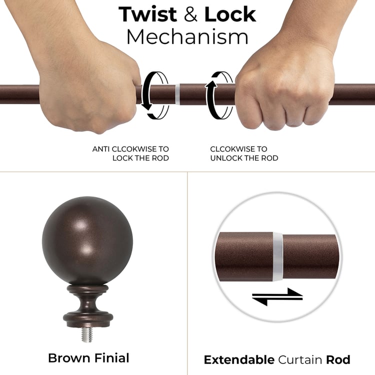 DECO WINDOW Extendable Single Curtain Rod - 25mm, Brown (18-44in)