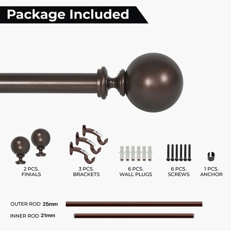 DECO WINDOW Extendable Single Curtain Rod - 25mm, Brown (18-44in)