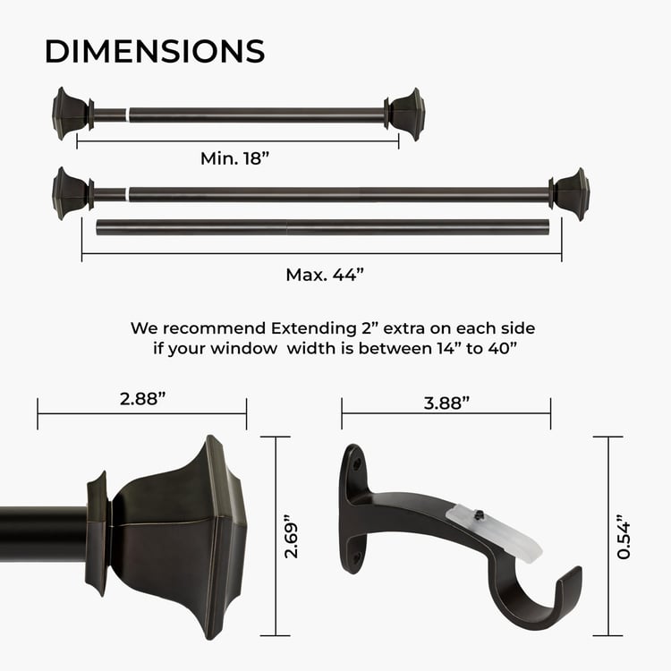 DECO WINDOW Extendable Single Curtain Rod - 25mm, Bronze (18-44in)