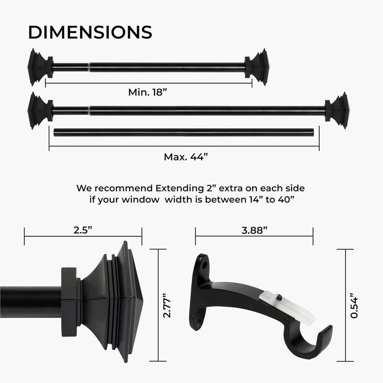 DECO WINDOW Extendable Single Curtain Rod - 25mm, Black (18-44in)