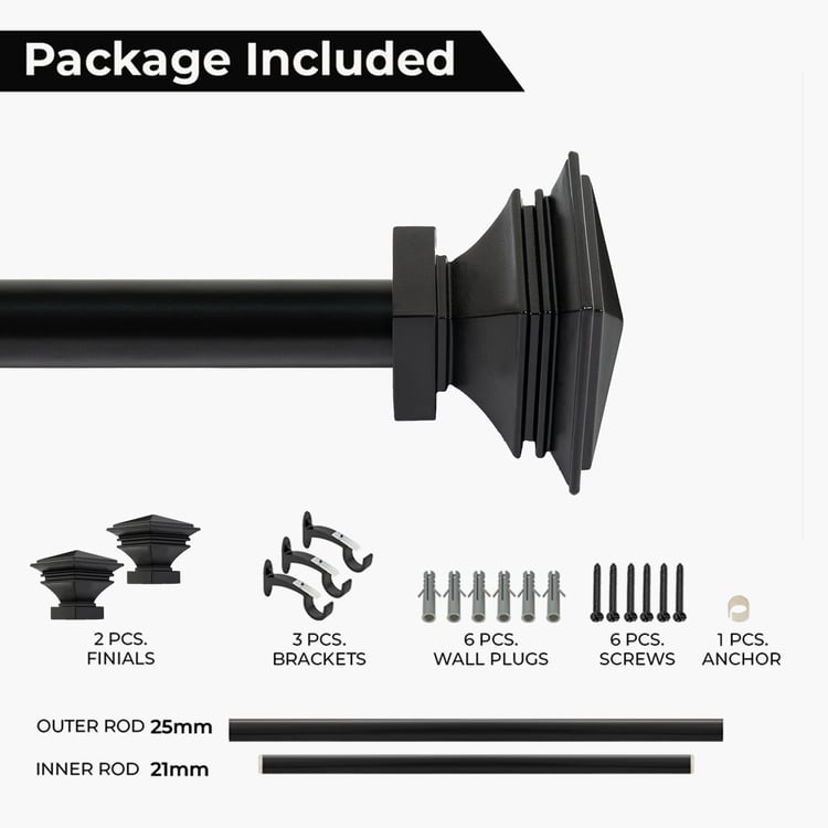 DECO WINDOW Extendable Single Curtain Rod - 25mm, Black (18-44in)