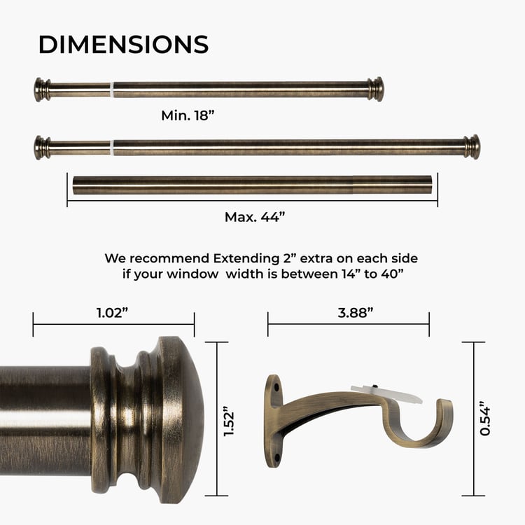 DECO WINDOW Extendable Single Curtain Rod - 25mm, Bronze (18-44in)