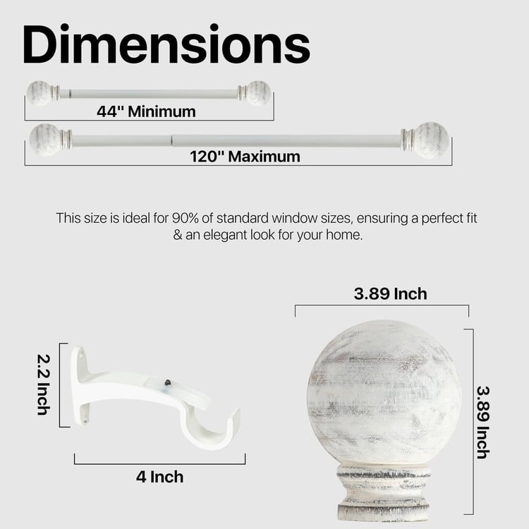 DECO WINDOW Extendable Single Curtain Rod - 25mm, Ivory (44-120in)