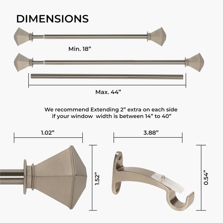 DECO WINDOW Extendable Single Curtain Rod - 19mm, Silver (18-44in)