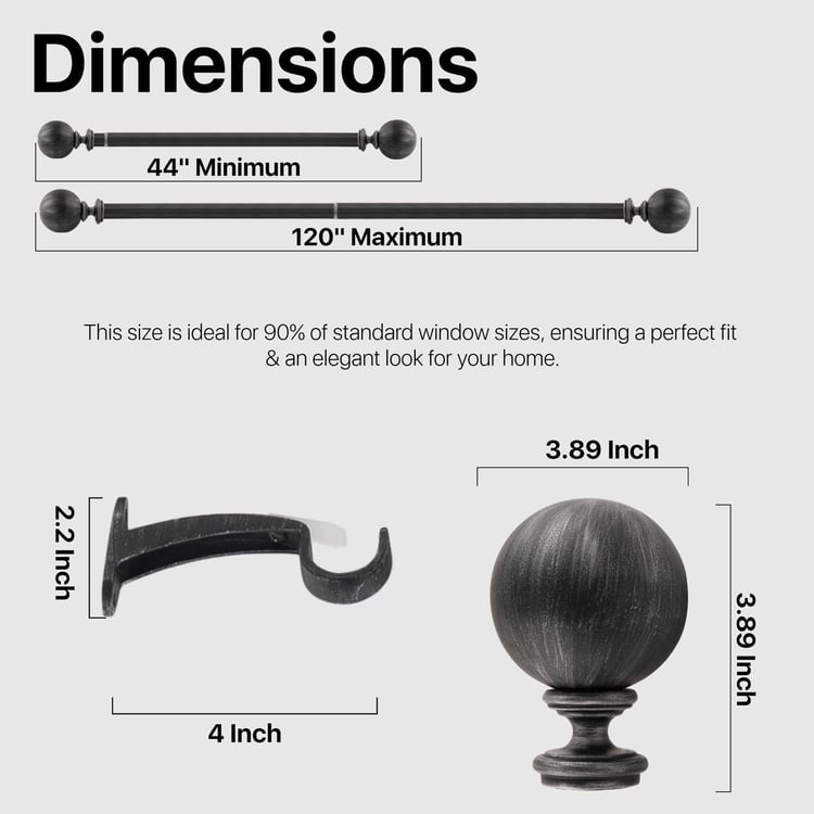 DECO WINDOW Extendable Single Curtain Rod - 25mm, Grey (44-120in)