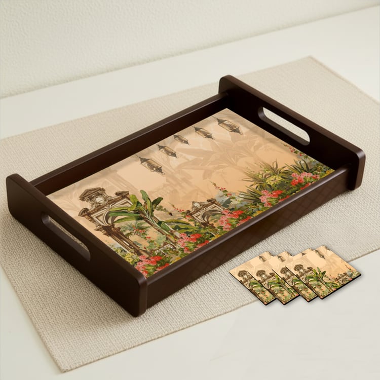 HOME SPARKLE Wooden Serving Tray with 4 Coasters