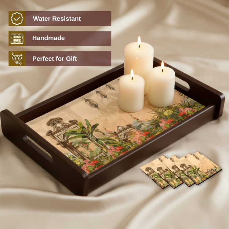 HOME SPARKLE Wooden Serving Tray with 4 Coasters