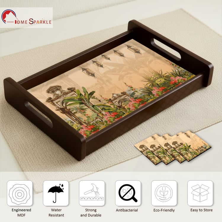 HOME SPARKLE Wooden Serving Tray with 4 Coasters